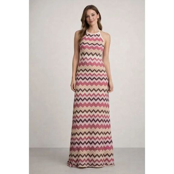 No Coment Dresses & Skirts - No Comment Pink Chevron Halter Maxi Dress Boho Size M
